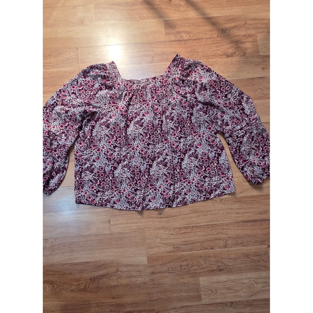 LC Lauren Conrad Burgundy Floral Square Neck Peasant Blouse XXL 400558935890
